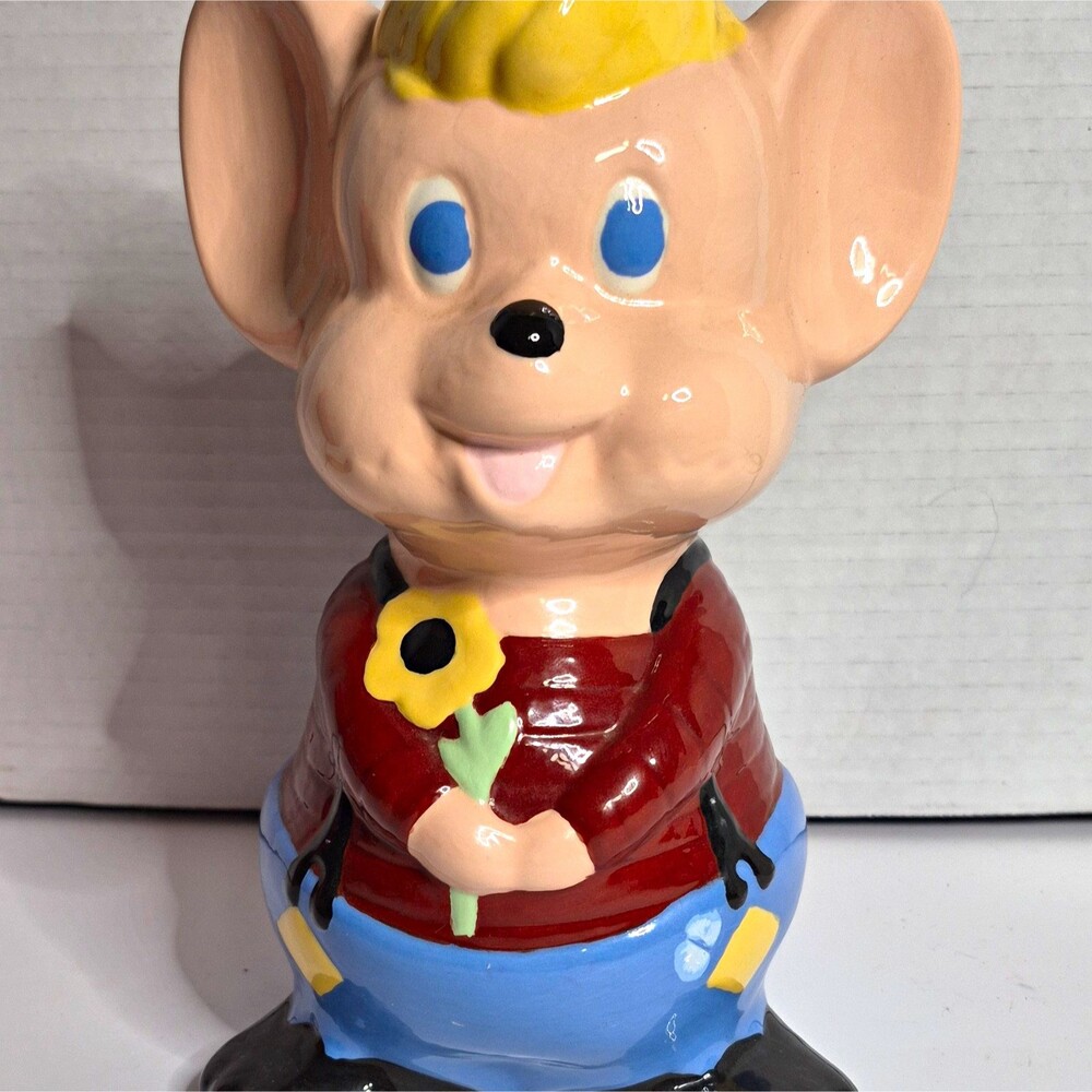 Vintage 1970s Holland Mold Ceramic Country Farm Mouse Coin Bank - Hand Painted